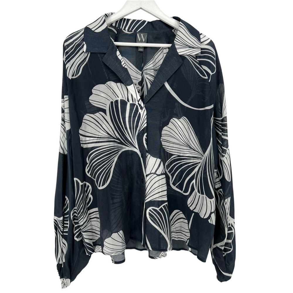 Worthington Button Down Top Women XXL Navy Blue Floral Sheer Office Airy Chic